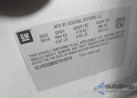 2014 Chevrolet Cruze 1Lt Auto z USA, uszkodzony, nr VIN 1G1PC5SB8E7410974